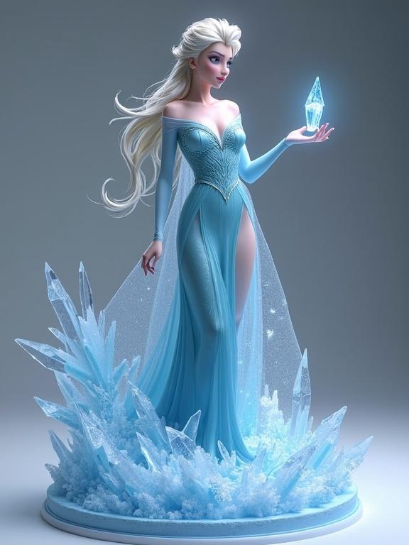 Detailed resin statue inspired by Elsa from Frozen. Elegant powerful adult woman casting ice magic. Surrounded by crystal shards. Shimmering ice-blue dress with a high slit. Long flowing platinum-blonde hair. Sculpted base with sharp ice crystals. Full-body collectible for 3D printing.