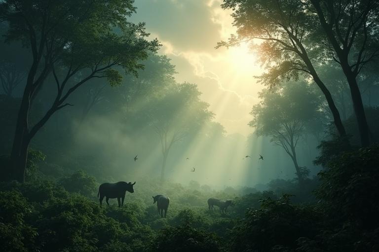Dramatic mist covering sunlit jungle with shadowy elements. Realistic trees and animals visible. Sunlight breaks through mist.