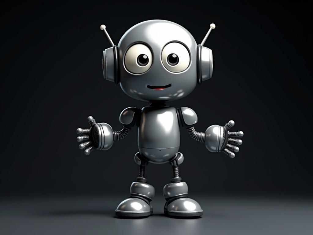The image features a cartoonish robot designed with a shiny silver exterior, large round eyes, and a simplistic, friendly expression. It has a rounded head with two prominent speakers on the sides, flexible arms and legs with a mix of jointed black and silver components. The robot stands upright in a dynamic pose, with arms slightly bent and hands open, giving it an animated and approachable appearance. The background is dark, which highlights the robot's shiny surfaces and sleek design.
