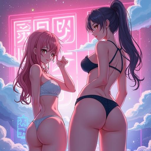 Create a vibrant anime-style social media banner for a hentai website. Include cute anime girls in lingerie with teasing poses. Add a soft gradient background with clouds and neon lights. Text should say Discover the Best Uncensored Hentai in stylish anime font.