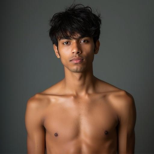 An 18-year-old Indian boy is shown in an upper body view. He has a shaven look and messy hair. The background is neutral and enhances the subject's features.