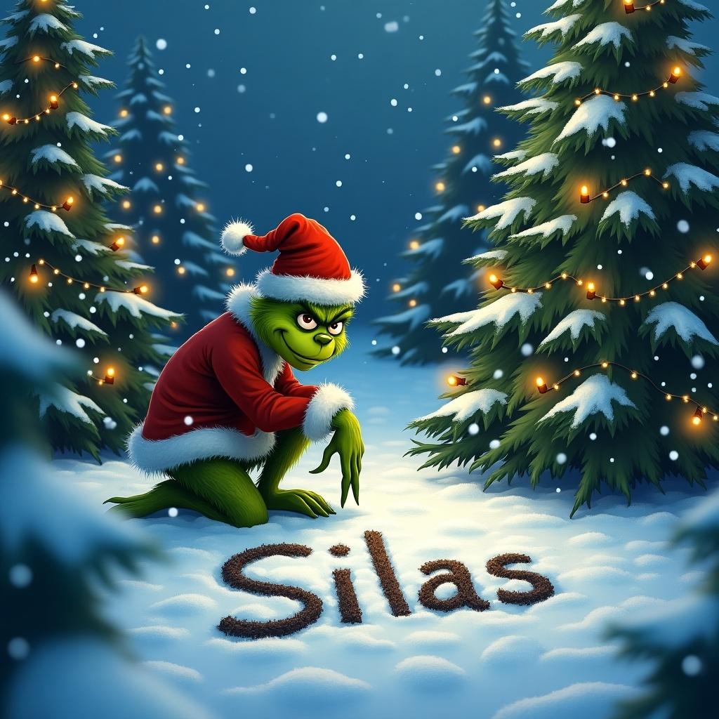 The Grinch is outside in the snow. Christmas trees surround him decorated with lights. The Grinch writes the name Silas in the snow.