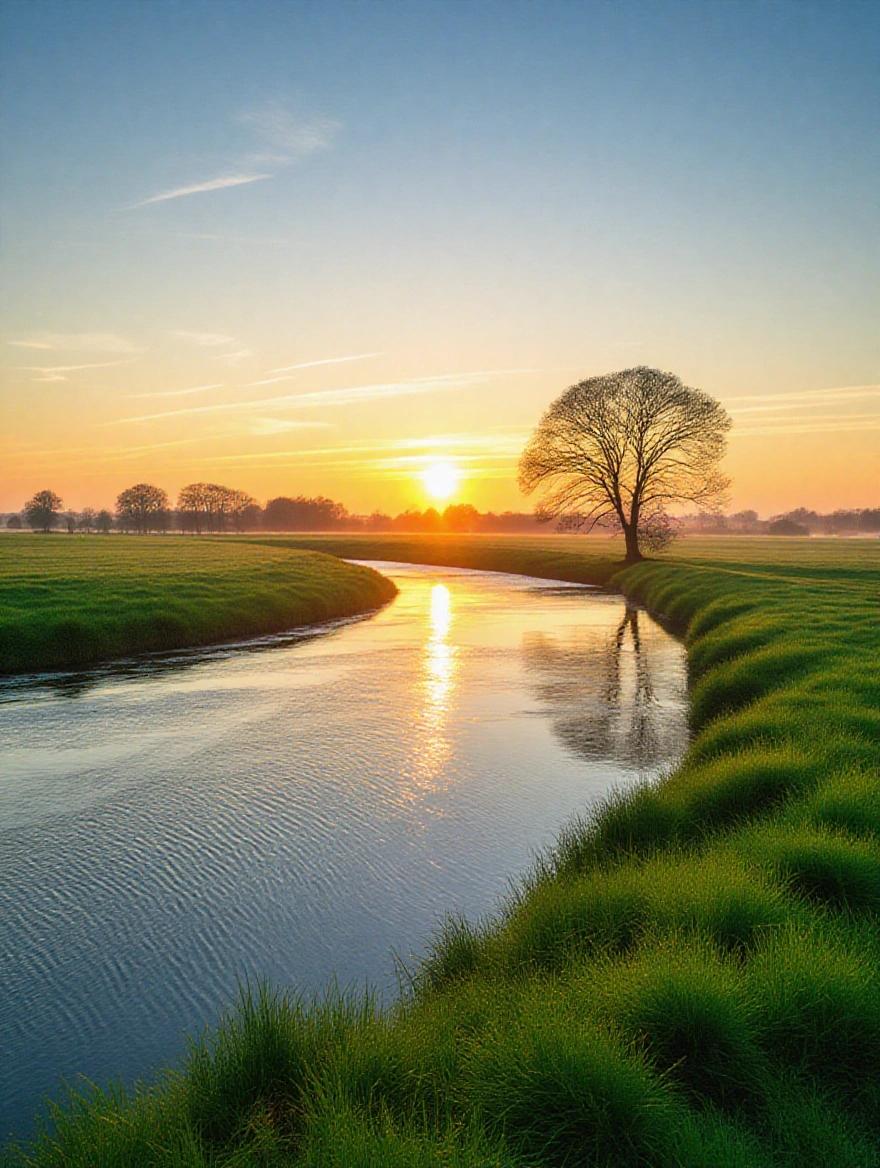 Serene early morning river landscape with sunrise visible. Peaceful river with lush green grass lining the banks. Single tree beside the water. Gentle waves reflecting sunlight.