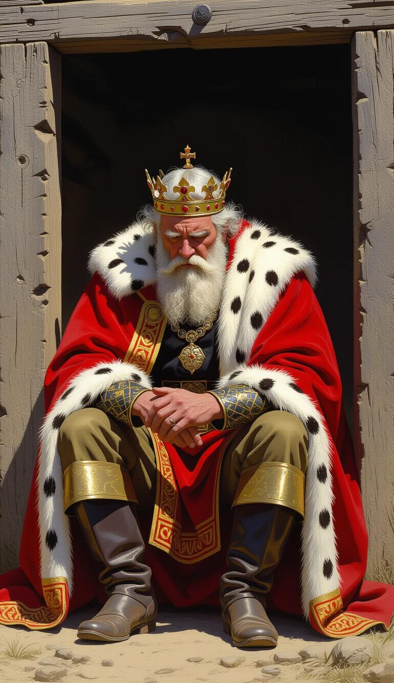 A king is seated outside the den. The king has his head lowered. His hands are clasped together. The king looks visibly distressed. He is dressed in a vibrant red royal cape with fur and a crown. The atmosphere is serious and contemplative.