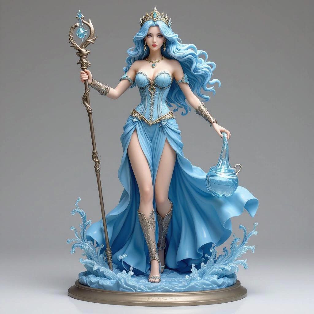Ultra-detailed resin statue of a celestial queen representing the Aquarius zodiac. She stands on a solid base. Features light blue long wavy hair and a tight corset. Wears a long flowing blue dress. Holds a water jug on her hip pouring water. A magic staff touches the ground. Her posture is curvaceous, seductive, and powerful. The style is mystical and elegant. Highly detailed with all elements fully connected.