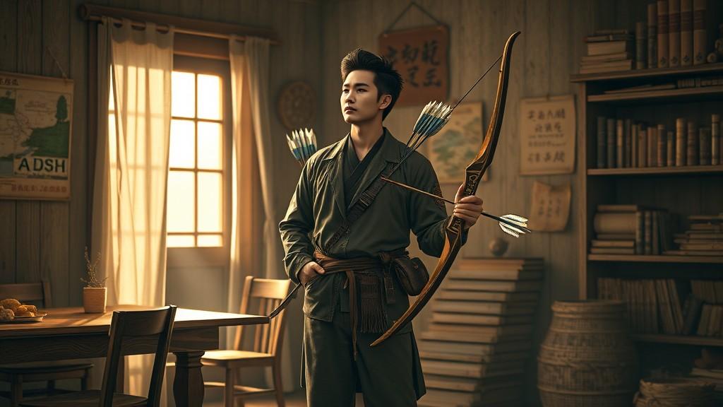 An archer stands poised in a softly lit, rustic study filled with books and artifacts.