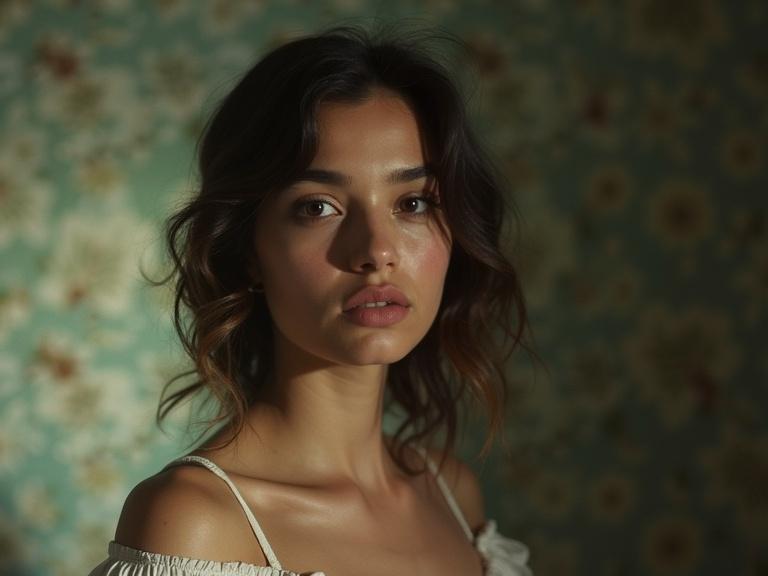 Portrait of a young woman dressed in a soft outfit. Film grain effect present. Realistic style with warm lighting and soft focus. Background features floral patterns showing vintage aesthetic.