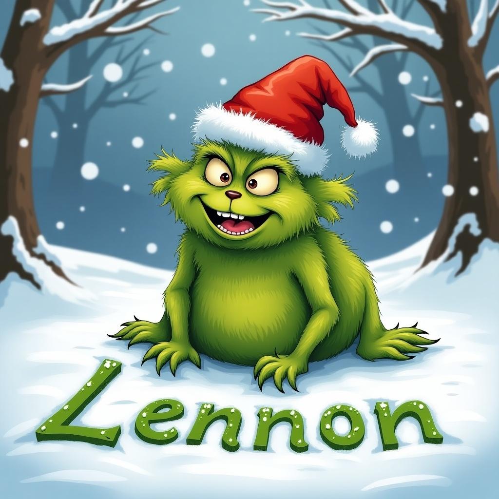 A whimsical green creature resembling the Grinch sits on snow wearing a red Santa hat. The creature writes the name 'Lennon' in the snow with a joyful expression. The background features snowy trees and falling snowflakes.