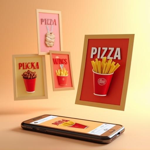 High-quality mockup of floating posters featuring pizza, fries, and wings. Smartphone shows Instagram interface. Posters have bold 3D typography. Use vibrant food photography with red cups. Warm light orange background with soft shadows. Dynamic composition with overlapping elements.