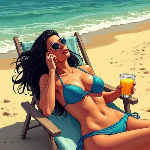 A woman lies face up on a lounge chair. She wears a blue bikini. Long dark hair flows over her back. She relaxes in a confident pose. The scene has comic noir style with bold contrasts. The sun creates highlights on her skin. She holds a glass of orange juice. The vibe is relaxed and stylish.