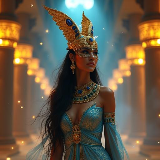 A beautiful woman inspired by the ancient Egyptian goddess Isis at a masquerade ball. She wears a golden mask with falcon wings. Her gown shifts in colors from blue to gold. Celestial glow surrounds her. Magical hieroglyphs float gently in the air. Glowing pillars rise in a mystical palace. Her eyes radiate beauty and power.