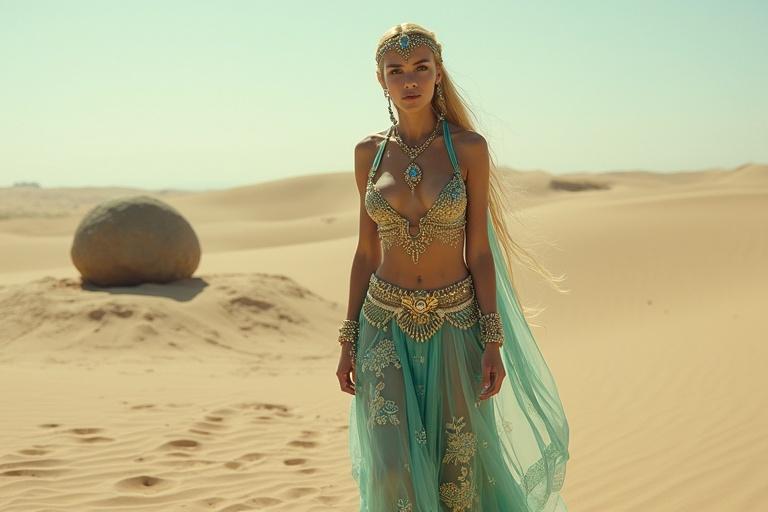 Side wide shot of a woman walking across sand dunes toward a buried stone. She wears a turquoise Arabian princess outfit with gold embroidery and sheer overlay pants. The top has a deep V-neckline with gold trim. She dons a bold jeweled headpiece. Her expression is determined.