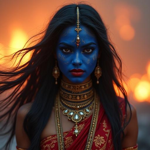 Ultra-detailed hyper-realistic portrait of a beautiful girl as Goddess Kali. Indigo blue skin glowing subtly. Mesmerizing eyes filled with divine power. Wild black hair flowing. Wearing blood-red silk saree with golden embroidery. Adorned with skull necklace and golden ornaments. Soft divine fire aura in background. Burning battlefield with ashes. Cinematic backlight and light rays. Extreme facial detail and realism.