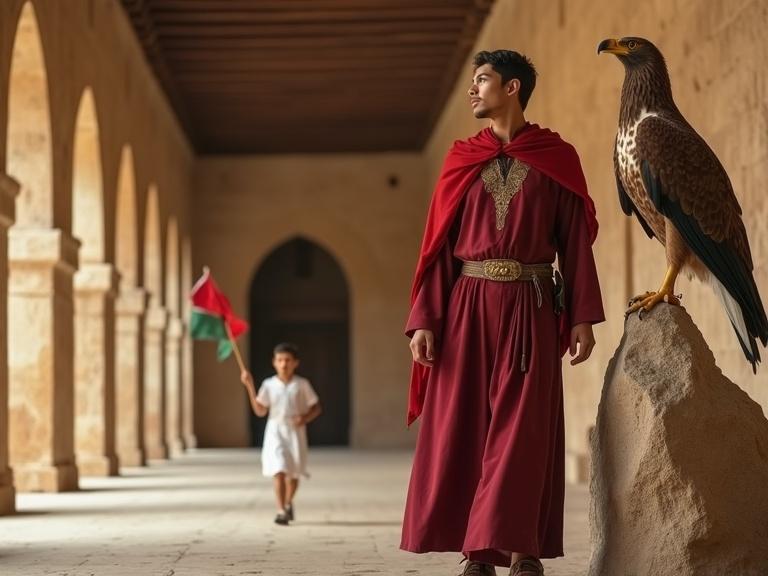 Scene features young man in traditional red attire standing beside Arabian eagle on a rock. Young boy in white runs by with Libyan flag. Corridor has arched doors and ancient architecture. Majestic and cinematic atmosphere.