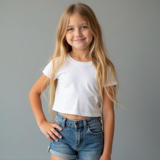 Image of a seven-year-old girl wearing a white crop top and denim shorts. The girl has long blonde hair. Background is soft gray color. Lighting is soft and warm. The girl is posing confidently with her hand on her hip. Focus on comfort and innocence of childhood.