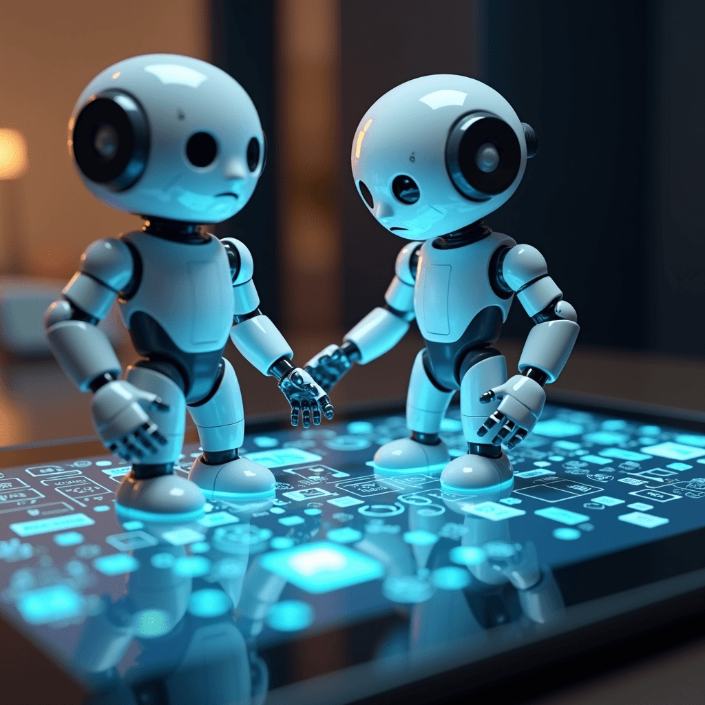 Two small humanoid robots stand on a glowing digital surface, appearing to interact with each other.