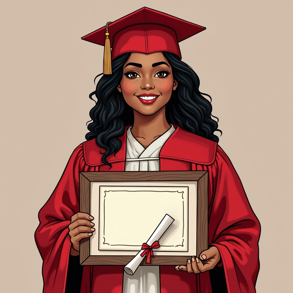 The image depicts a person dressed in a red graduation gown and cap, symbolizing the achievement of academic success. They have long, curly black hair and a warm smile, exuding pride and happiness. The individual holds a blank certificate framed in wood with one hand, while the other holds a rolled diploma tied with a red ribbon. The background is a plain neutral color, ensuring the focus remains on the subject's celebratory attire and accomplishments.