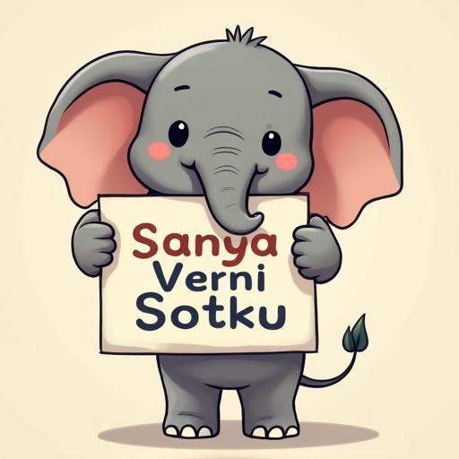 Cartoon elephant is holding a sign with the names Sanya Verni Sotku. The elephant has large pink ears and a cheerful expression. The background is light and simple to keep focus on the character. Ideal for a children’s theme or educational content.