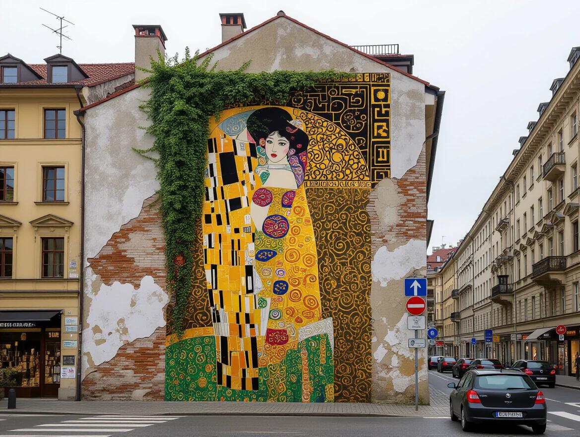 Ultra-realistic full-body mural in Klimt style on an old cracked wall with climbing bushes. Tall building in a busy street with modern street art.