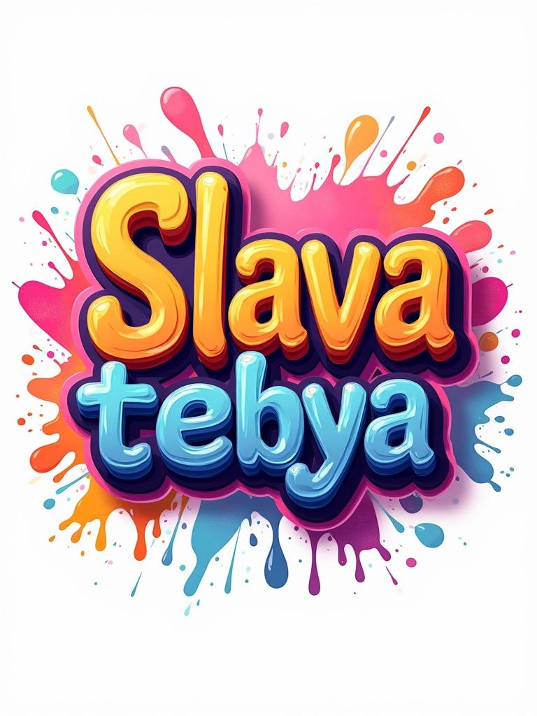 Logo design features the text Slava tebya in colorful and 3D style. Lush and curly letters with bright colors. Includes paint splashes and drops for creative effect.