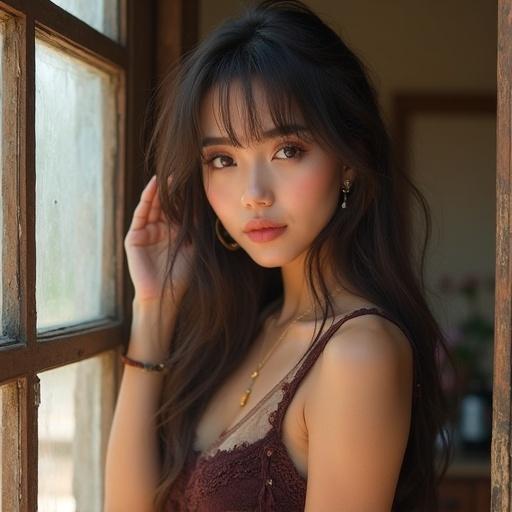 A beautiful and graceful woman stands by a window. Natural light highlights her features. She wears elegant attire that reflects her style. The setting is warm and inviting. The atmosphere is serene and soft.