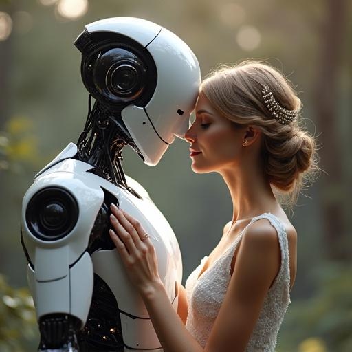 Human princess stands close to robot prince. Princess has soft features and a gentle expression. Robot prince has a sleek, futuristic design. Both are in a lush green setting. The atmosphere is romantic and enchanting.