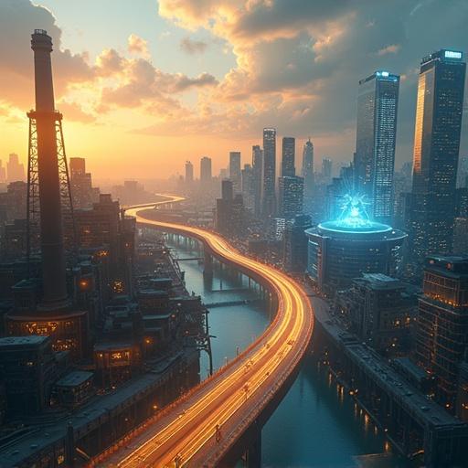 Futuristic city skyline divided into three sections. Left shows a 1900s factory with early electrical machinery. Center has a dot-com era office filled with computers. Right features a modern AI research lab glowing in blue. Golden winding path connects eras, emphasizing progress.