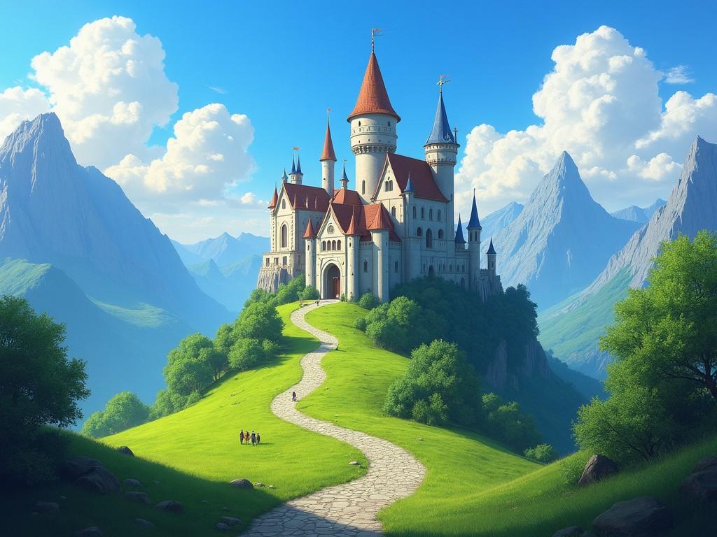 The image features a stunning castle perched atop a lush green hill, surrounded by majestic mountains. The castle has tall spires and intricate architectural details, conveying a sense of fantasy and adventure. The sky is bright blue with fluffy white clouds, enhancing the idyllic setting. A winding path leads towards the castle, with small figures walking along it, adding a sense of scale. This scene evokes a magical and enchanting atmosphere, inviting viewers into a fairy tale world.