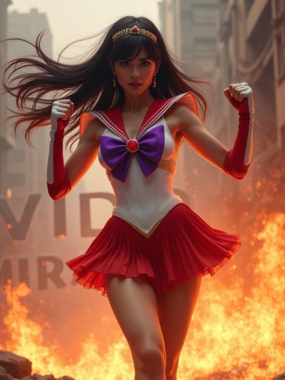 Sailor Mars stands fiercely with a clenched fist and pointed arm. She wears a high-tech sailor uniform with a red and white color scheme. The pleated skirt has holographic panels. Flames swirl around her, creating a powerful aura. The background shows a crumbling urban scene with smoke and ruins. Bold letters are visible in the chaos.
