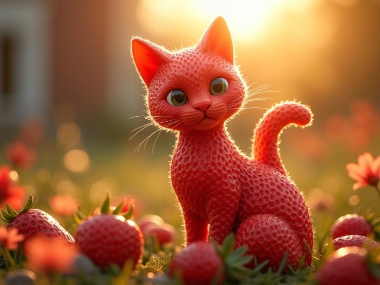A whimsical cat made of strawberry coating sits in a garden. The cat's texture resembles strawberry skin with a shiny surface. Warm sunlight creates a magical atmosphere. Blurred flowers and architecture provide depth.