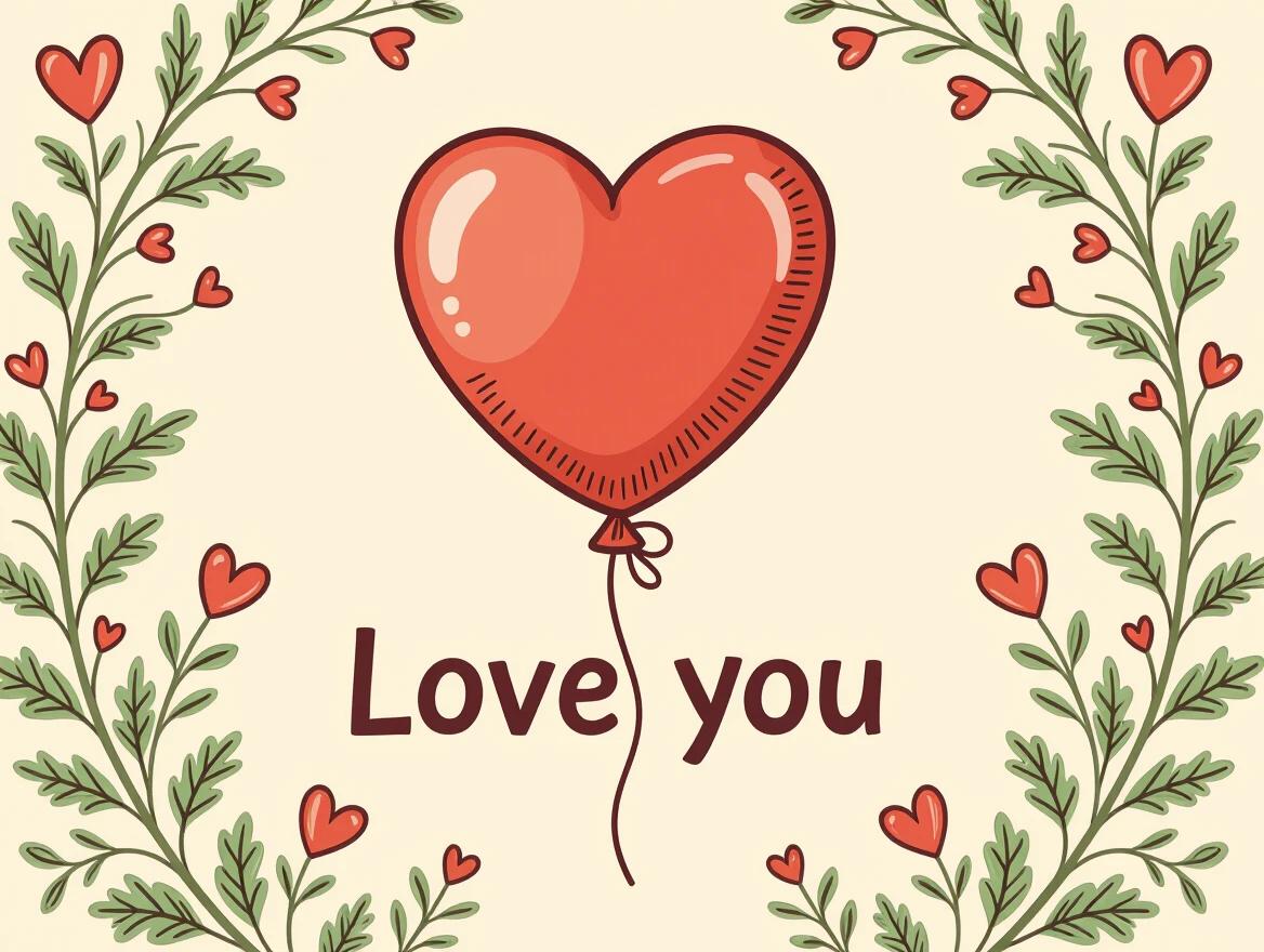 Illustration of a red heart-shaped balloon tied to a string. The words Love You written in a simple handwritten font below the balloon. Plain off-white background with gentle Valentine's Day style.