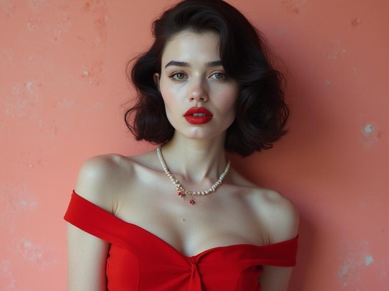 Portrait of a woman in a red dress against a monochromatic background. Delicate textures enhance the beauty of the image. The style is pin-up, with selectively colored elements creating a striking visual contrast.