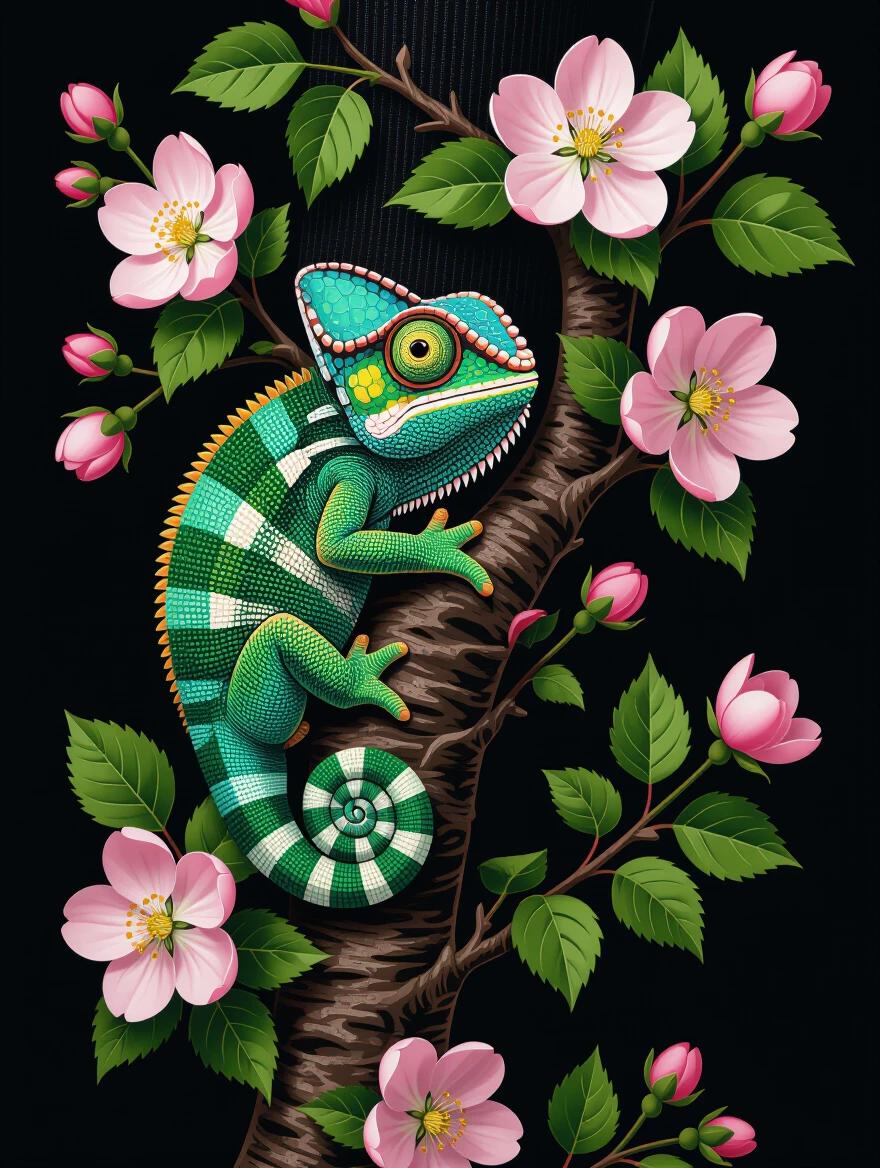 Close-up view of thigh-high socks emphasizing an adorable chameleon design. Chameleon is curled around a tree branch adorned with ivy and pink apple blossoms. Dark background emphasizes the vibrant colors and detailed patterns. High definition and professional quality image captures essence of nature-inspired fashion.