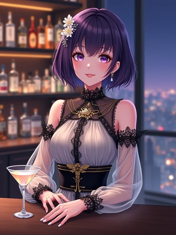 Anime-style illustration of a woman with short dark purple hair. She has soft purple eyes and floral hair accessory. She wears a sheer, high neck, off-the-shoulder dress with lace. A wide black belt cinches her waist. She stands at a bar counter with a martini glass. In the background, shelves lined with bottles and a city skyline visible through the window.