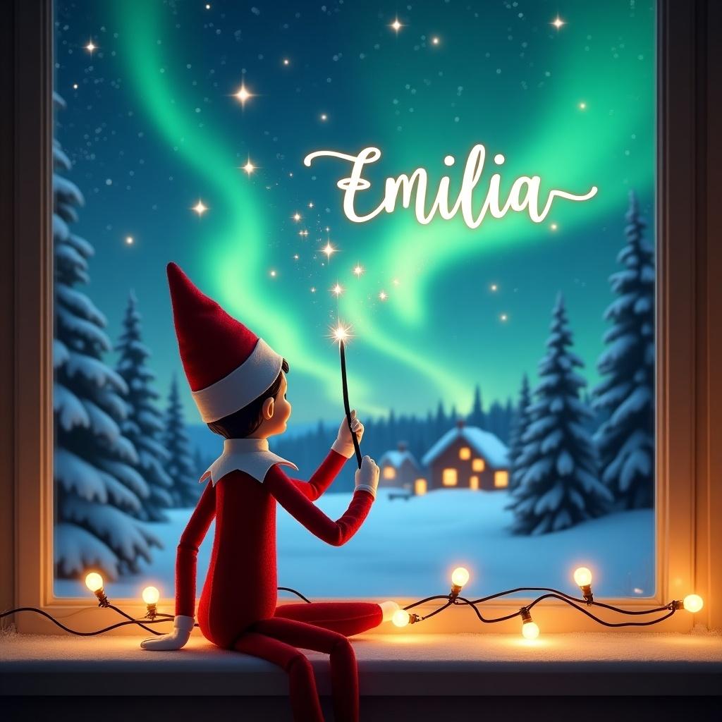 This image features an Elf on the Shelf character with its back to the viewer. The elf is facing the sky and using a wand to magically write the name 'Emilia' among the stars. The background showcases a stunning northern lights display, illuminating a wintery landscape complete with snow-covered trees and distant houses. Cozy holiday lights decorate the window sill, adding to the magical Christmas ambiance. This enchanting scene evokes feelings of joy and wonder, perfect for the festive season.