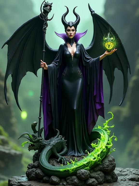 High quality resin sculpture of a dark sorceress with tall horns. Dark and flowing black and purple cape. Standing on a rocky base with roots and magical green fire. Holds a staff with a glowing orb. Dragon emerging from shadows with spread wings. Background features fog and mystical lights. Realistic and ultra-detailed with dramatic lighting.