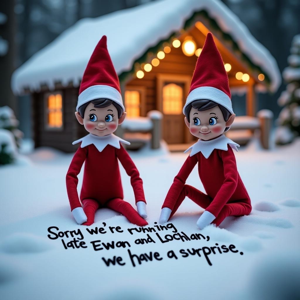 This image features two Elf on the Shelf dolls set in a picturesque winter wonderland. The elves are dressed in classic red outfits and are writing a message in the snow that reads 'Sorry we're running late Ewan and Lochlan, we have a surprise'. Behind them, there is a cozy cabin adorned with decorative lights, creating a warm atmosphere. The snowy backdrop adds a charming touch, enhancing the magical feel of the holiday season. The expressions on the elves' faces are filled with playfulness and joy, capturing the whimsical spirit of Christmas. Overall, this enchanting scene evokes warmth and festive cheer.