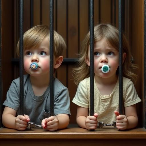 Two children in a courtroom setting. A boy and a girl trapped inside a small cage. Each child wears a pacifier. Handcuffs are on their wrists. They look anxious while awaiting their fate as a judge speaks.