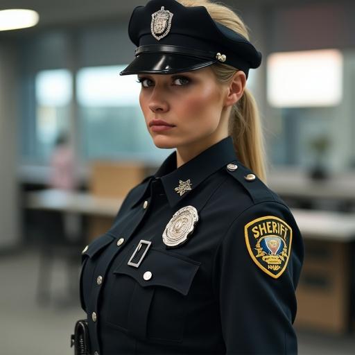 Serious female deputy poses in modern sheriff uniform at a police station with focus on professionalism.