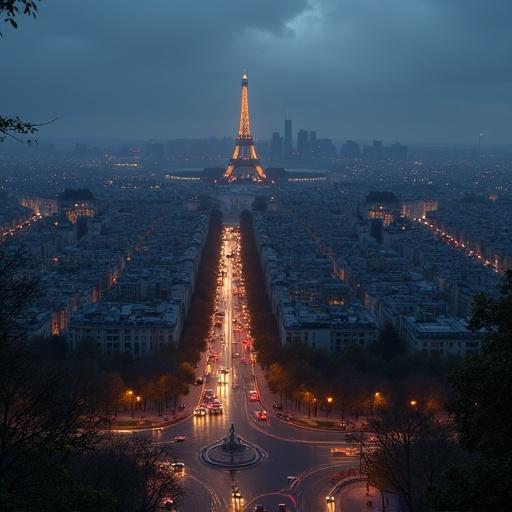 Aerial view of Montmartre Paris at night with rain and cars on the roads and people on sidewalks, created with Unreal Engine 5.6 style