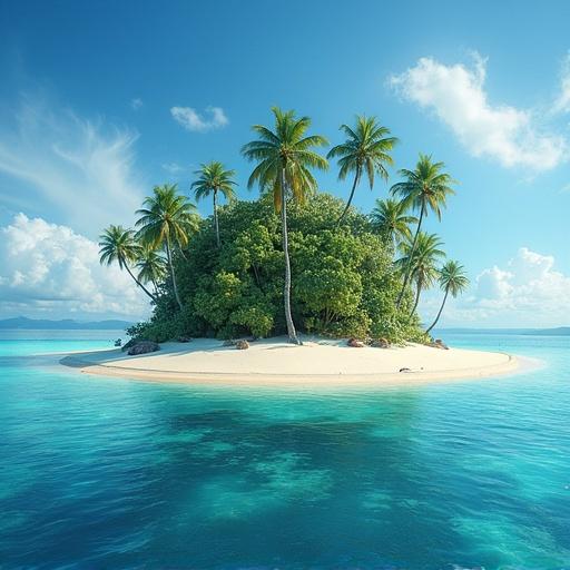 Tropical island with palm trees surrounded by turquoise water and sandy beach