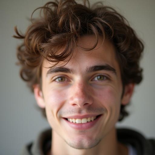 Image of a cute young man with brown hair smiling. His expression shows warmth and friendliness. The photo features a close-up of his face in natural light.