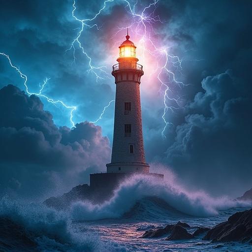 Close-up of a lighthouse surrounded by stormy weather. Bright, rotating lights on the lighthouse illuminate the dark atmosphere. Massive lightning strikes overhead create a dramatic scene with vibrant colors. Huge waves crash against the base of the lighthouse under ominous clouds.