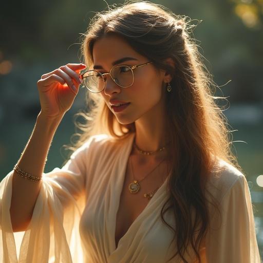 A semi-realistic portrait showcases a graceful goddess mid-motion. She removes her glasses with one hand. Bare eyes glow softly with magical energy. Delicate arcane runes swirl around her body and irises. She has long flowing hair and elegant robes moved by a breeze. Gentle ethereal light surrounds her. Faint celestial symbols float nearby. Streams of magical energy flow from her eyes and fingertips. Cinematic lighting highlights her calm expression. The atmosphere is natural and refined. The style is fantasy mythology without glasses on her face.