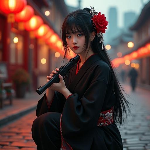 Photorealistic digital artwork of young woman in black kimono kneeling on cobblestone street. She has long black hair with red flower and silver hairpins. Surroundings show red lanterns glowing warm. Background includes modern skyscrapers at dusk. Woman holds detailed handgun. Art evokes nostalgic feel and cinematic quality.