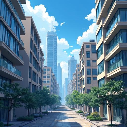 City view in front perspective represented in 2D anime style with bright colors and modern buildings