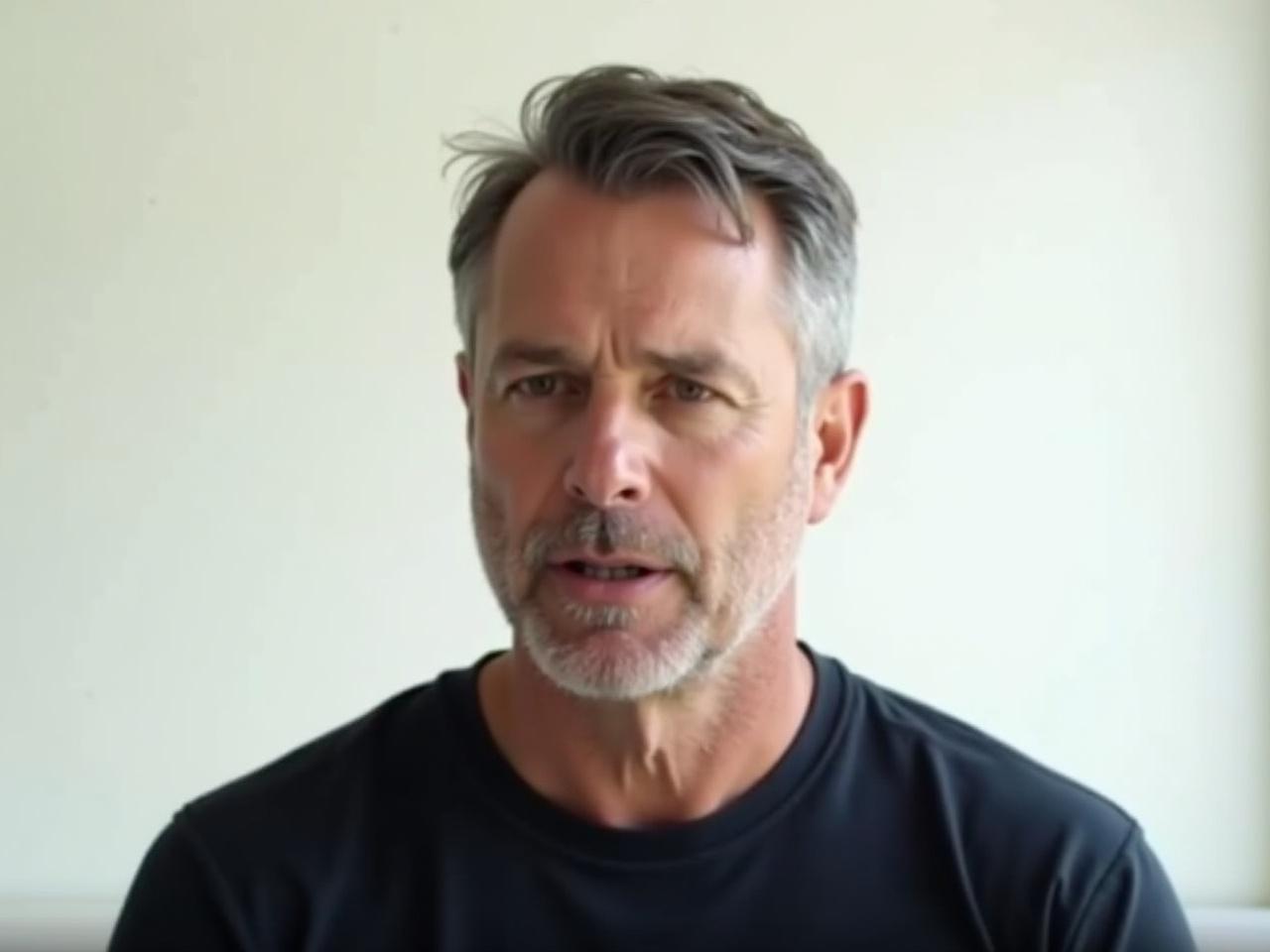 This image features a middle-aged man with short, styled hair and a neutral expression. He is wearing a simple, dark t-shirt, which emphasizes his casual appearance. The background is softly blurred and appears to be light-colored, providing a clean and professional look. His gaze is directed slightly off-camera, suggesting a contemplative mood. The overall lighting is bright and flattering, highlighting the man’s facial features well.