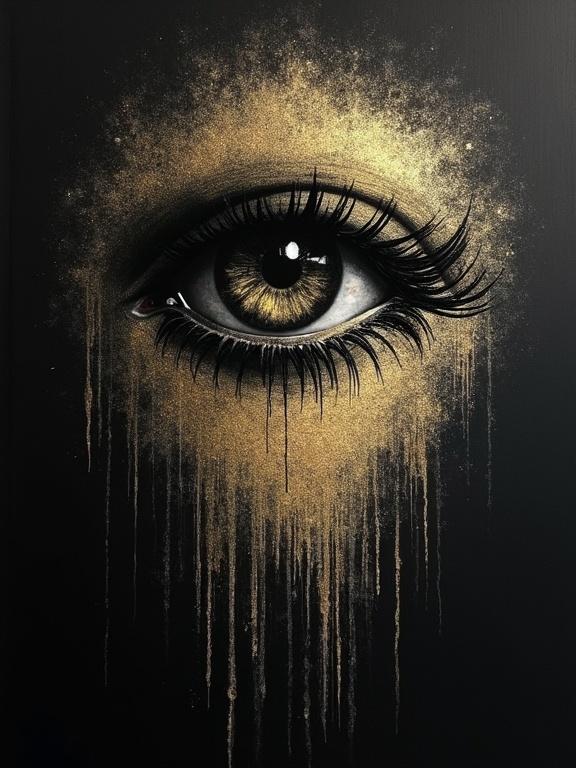 Handpainted artwork on black paper features a striking eye design. Thin white-gold chalk is used with a finger smudge technique. Focus is solely on the intense view of the eye. Abstract and minimalistic style prominent.
