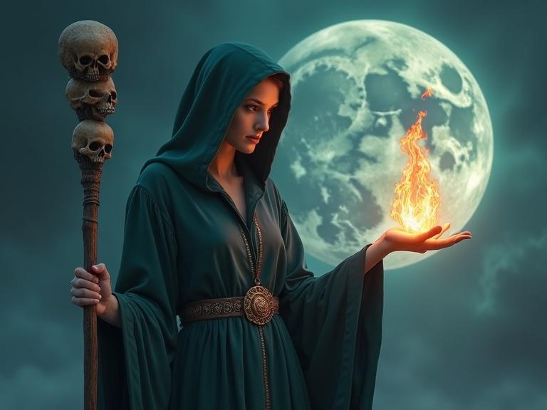 Sorceress stands in dark teal robe. She has intense eyes and slightly parted lips. Left hand holds a tall wooden staff with skulls. Right hand shows swirling fire. Scene is in a dramatic night sky with a full moon and dark clouds. Mood is dark fantasy with ancient magic.