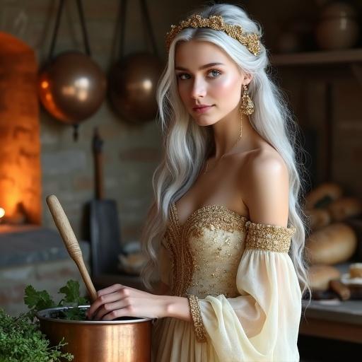 Half-body portrait of a beautiful young noblewoman in a richly decorated kitchen. She has long, wavy silver hair with a golden headband, light gray-blue eyes, and a soft smile. Wearing an elegant pale gold gown with golden embroidery and sheer sleeves, she stirs a pot with a wooden spoon. Surrounded by herbs, vegetables, and bread. Background features stone walls, copper pots, and a hearth fire. Warm medieval-fantasy atmosphere.